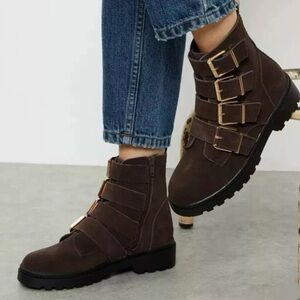 Faith Sacha Buckle Front Suede Ankle Boots Women Sz 8 Brown Leather Gold Buckle,